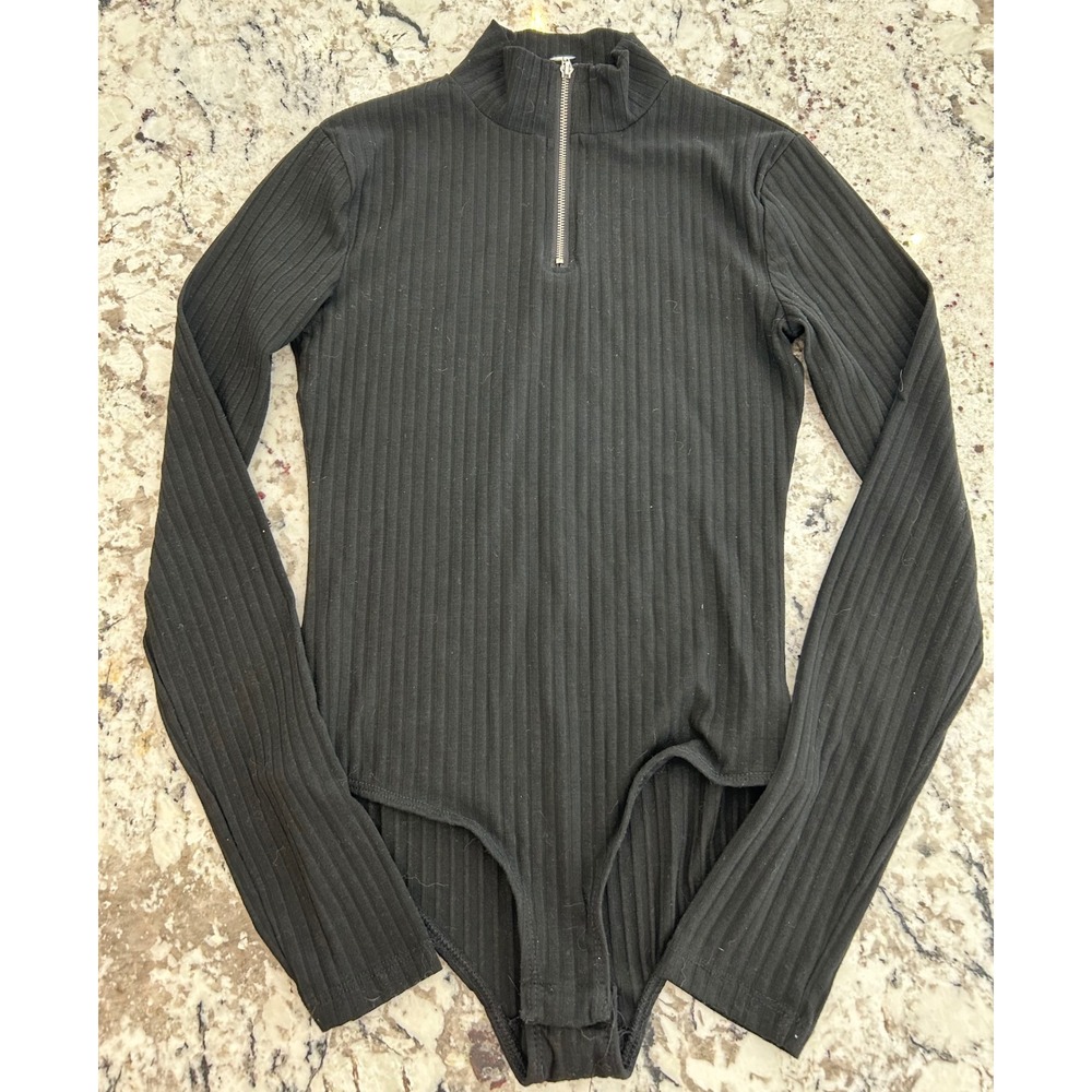 Black Ribbed Mock Neck Long Sleeve‎ Bodysuit Quarter Zip